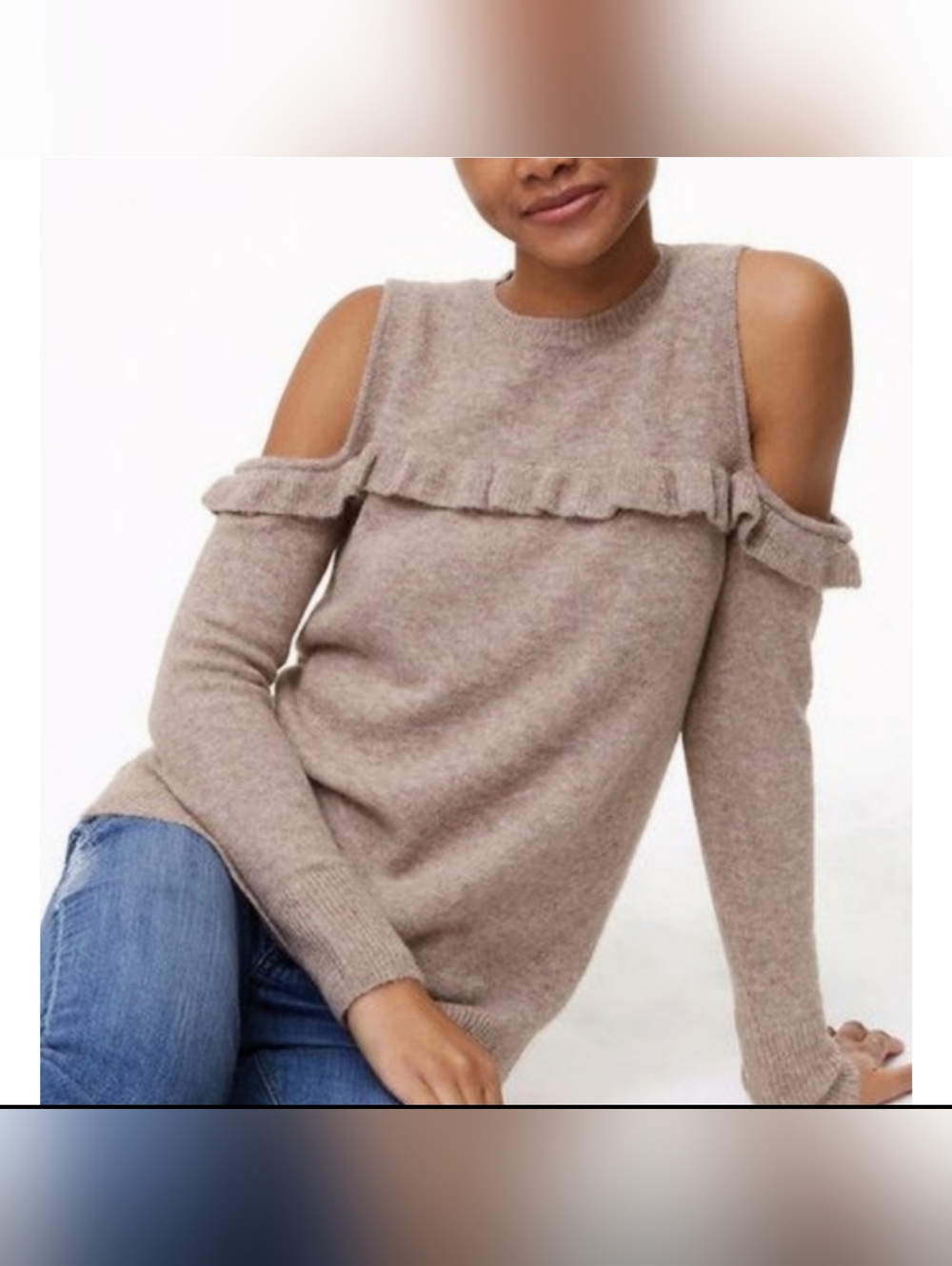 LOFT | Taupe Cold-Shoulder Ruffle Knit Sweater